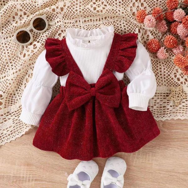 Conjuntos de ropa Niñas pequeñas Manga larga Color sólido Volantes Tops acanalados Tirantes Bowknot Falda de terciopelo Dos pantalones de bebé Paquete Niña 8 12 Ropa