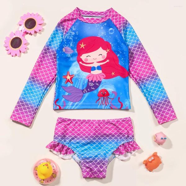 Ensembles de vêtements pour les filles en bas âge en bascule Rashguard Two Pieces Set Set Set Kids Cartoon Long Manche Bathining Trots Tankini Swimwear for Swimming Child