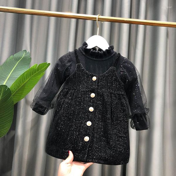 Conjuntos de ropa Conjunto de niñas pequeñas Otoño Invierno Trajes de vestir de moda para niños más suéter de cuello alto con correa de terciopelo 2 piezas para