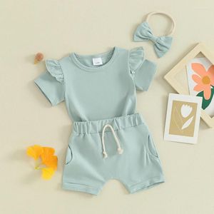 Ensembles de vêtements pour les filles en bas âge pour bébé vêtements d'été shorts pour bébé ensemble à manches courtes T-shirt Solid Color Bandband Tenue
