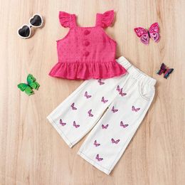 Ensembles de vêtements pour petites filles, tenue d'été, mode enfants, hauts à manches volantes et pantalons papillon blancs