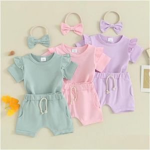 Ensembles de vêtements Toddler Girls Summer Shorts à manches courtes T-shirt Ruffle Tops Couleur solide Bande Baby Baby Clothes Drop Livrot Ki Dh8bu