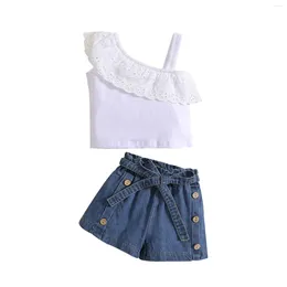 Kledingsets Peuter Girls Zomer Mouwloze Lace Tops Shorts Belt 3pcs Outfits Kleding voor kinderen 3 maanden oud