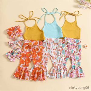 Ensembles de vêtements enfant en bas âge filles costume d'été enfants gilet avec fleur imprimé pantalon évasé et bandeau 3 pièces bébé tenues de mode