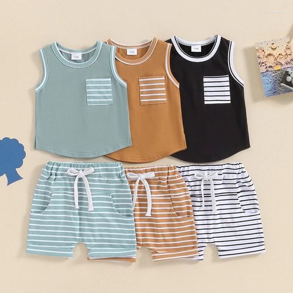 Ensembles de vêtements en bas âge pour bébé Baby garçons Summer Summer Summer Sans manche débarbaqués et Stripe Elastic Wison Shorts 2pcs