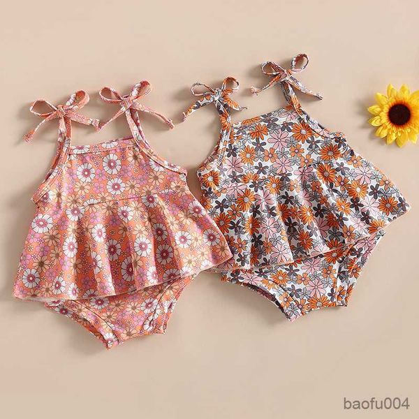 Conjuntos de ropa para niños pequeños, bebés, niñas, ropa de verano, conjunto sin mangas con estampado floral, tops y pantalones cortos, lindos bebés, 2 piezas, trajes R230518