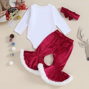 Kledingsets Peuter Baby Baby Meisjes Kerstoutfits Briefprint Lange mouw Rompertjes Flare Broek Hoofdband 3-delige herfstkledingset