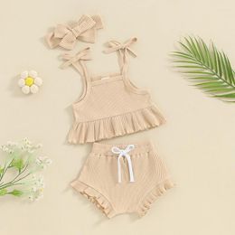 Kledingsets Peuter Baby Baby Meisjes Zomerkleding Effen Ruche Mouwloos Halter Crop Tops Bloeiers Shorts Set Leuke outfits