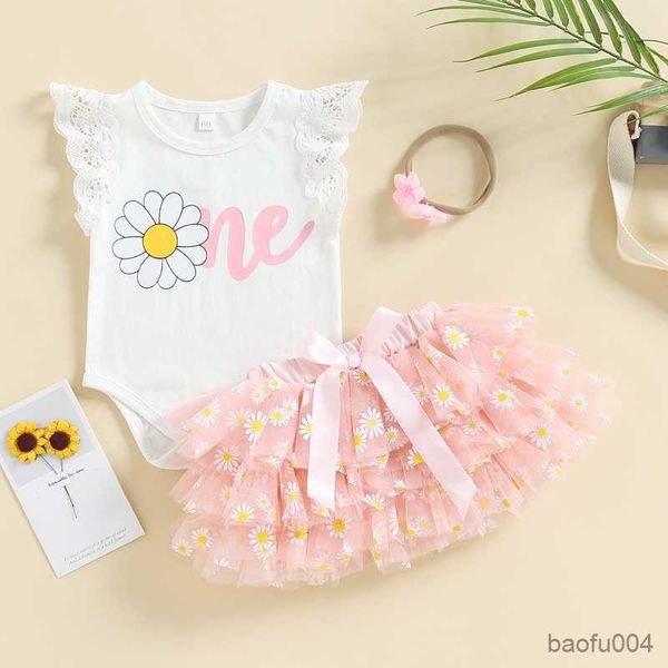 Conjuntos de ropa para bebés y niñas pequeñas Conjunto de ropa de verano Estampado floral Mamelucos de manga corta y falda de tul de malla en capas casual Diadema R230518