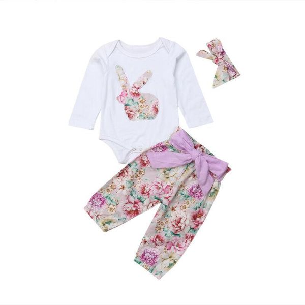 Ensembles de vêtements pour bébés filles, ensemble de vêtements de pâques, printemps, manches longues, hauts, body, pantalons floraux, tenues de 0 à 18 mois