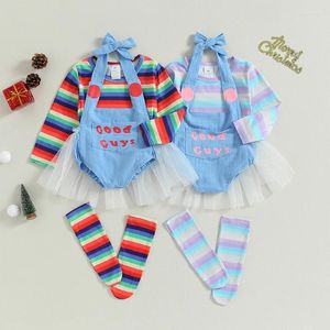 Kledingsets Peuter Kid Meisje Halloween-kostuum Set Regenboog Streep Print Lange mouwen Tops Letter Overall Romper Sokken Kinderoutfit