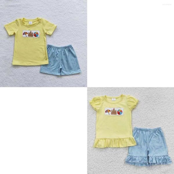 Ensembles de vêtements Enfant Enfant Été Broderie Ensemble Manches Courtes Chemise Château De Sable Enfants Short À Carreaux Correspondant Bébé Garçon Fille Plage Tenue