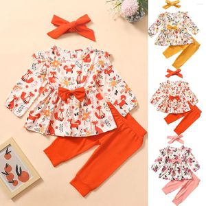 Conjuntos de ropa Niños pequeños Bebé Floral Impresión de dibujos animados Peplum Tops Pantalones Arco Diademas Trajes Ropa de niña 4T