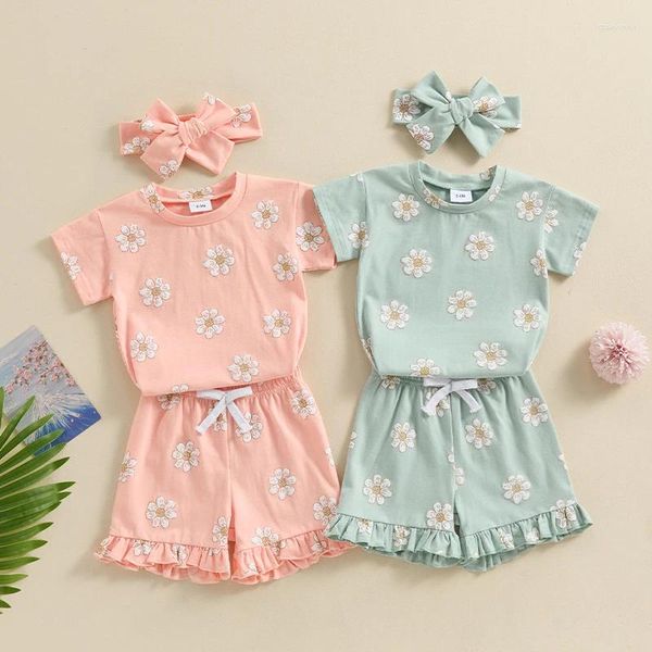 Ensembles de vêtements pour enfants pour enfants bébé fille Summer Summer Floral Imprime à manches courtes T-shirts élastiques Briefs à volants Bolt-bande 3 PVS Vêtements