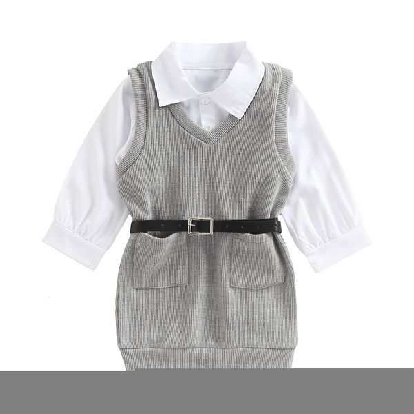 Ensembles de vêtements Enfant Enfants Bébé Filles Automne Tenue Blanc Chemise À Manches Longues Chemise Grise Robe Tricotée Sans Manches Avec Ceinture 2 7T 221118