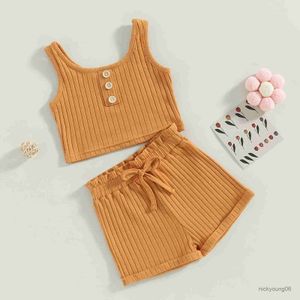 Kledingsets Toddler Kids Baby Girls Summer Outfit 2pcs Set Solid Color Button Vest + Ribbed DrString Shorts 6M-4T