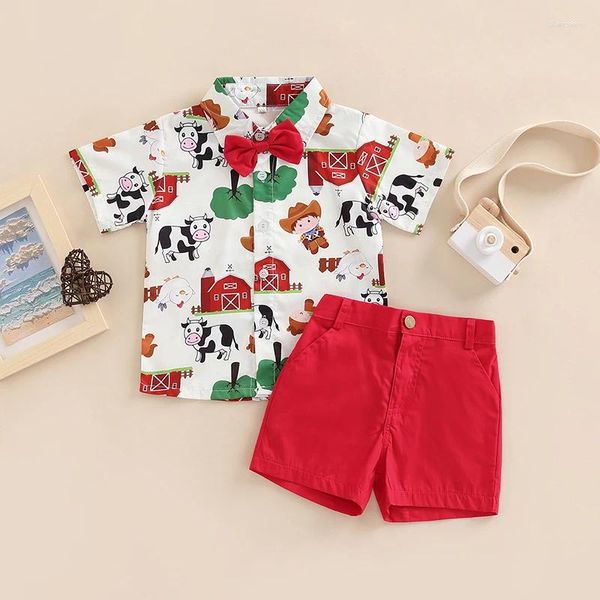 Conjuntos de ropa Niños pequeños Niños Trajes de 2 piezas Granja / Circo Dibujos animados Animal Estampado Camisas de manga corta con pajarita Conjunto de pantalones cortos de color sólido