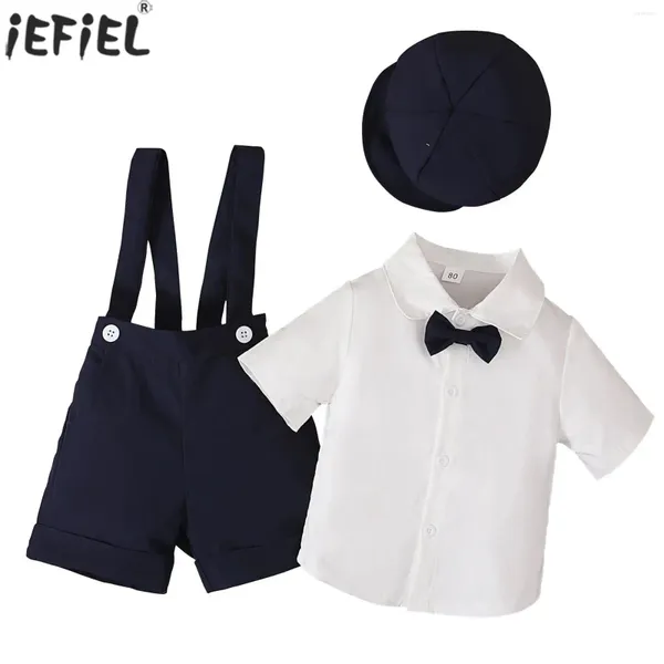 Ensembles de vêtements pour les enfants pour enfants pour les garçons Gentleman Gentleman à manches courtes à nœuds papillon avec short à suspension chapeau de mariage d'anniversaire fête