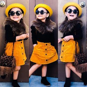 Kleding Sets Peuter Kids Meisjes Mode 3 Stks Lange Mouwen Gebreide Shirt Top + Button Pocket A-Line Rok Faux Bont Kraag Kleding Past