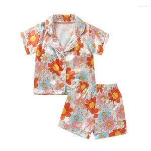 Kledingsets Peuter Kinderen Meisjes Zijden Pyjama Bloem Korte Mouw Button Down Shirt Top Shorts Zomer Bloemen Satijnen Pyjama