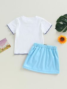 Kledingsets Peuter Kinderen Meisjes Zomer 2-delige outfits Geribbelde shorts Mouw Vlinderprint Tee Top PU-leer Ritsrokset (lichtblauw