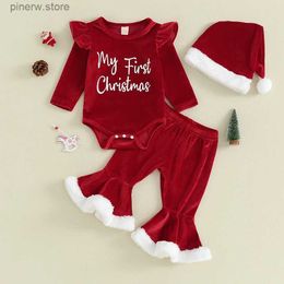 Kledingsets Peuter Pasgeboren Baby Baby Meisje Kerst Jumpsuit Outfits Brief Print Lange Mouw Romper + Flare Broek + Hoed Kerstkleding