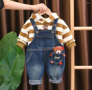 Ensembles de vêtements Toddler tenue 2024 Spring Autumn Kids Set for Girl Boys Striped à manches longues T-shirts Cartoon Denim Sauthoué