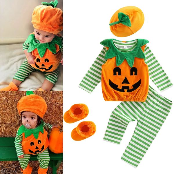 Conjuntos de ropa Traje para niños pequeños Traje Baby Girl Boy Manga larga Halloween Calabaza Estampado Tops sueltos Caída Pantalones casuales Sombrero Zapatos 231013