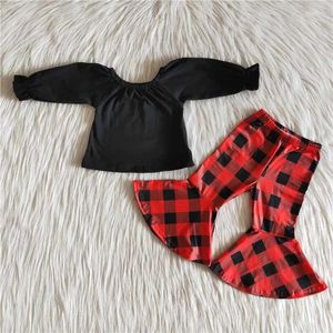 Ensembles de vêtements pour bébés filles, haut noir, pantalon à carreaux rouges, costume Boutique, vente en gros, tenues pour enfants, printemps