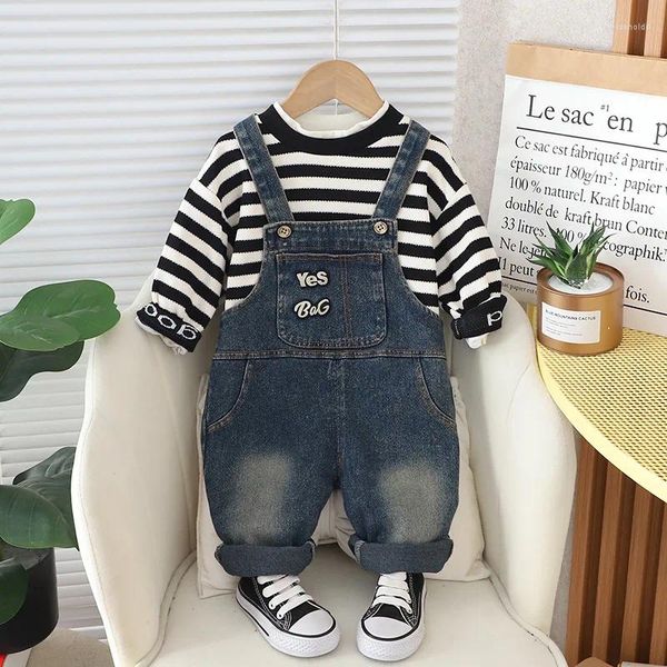 Ensembles de vêtements Enfant Printemps Tenues 2024 Style coréen Designer Bébé Garçon Vêtements Casual Rayé À Manches Longues T-shirts Salopette Enfants Garçons Costume