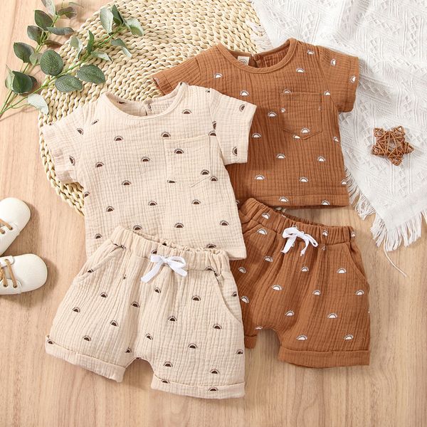 Ensembles de vêtements enfant en bas âge tenues d'été bébé garçon survêtements mignon soleil impression poche coton lin t-shirts shorts costume mode enfants filles vêtements 230613