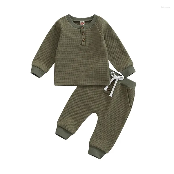 Conjuntos de ropa Conjunto de ropa de gofres para niños pequeños, botones para bebés y niñas, Tops de manga larga con cuello redondo y pantalones de cintura elástica con cordón