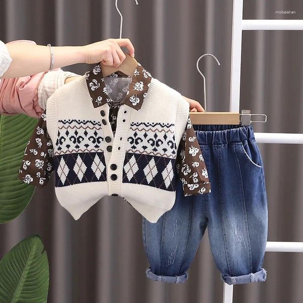 Juegos de ropa para niños pequeños Subsuitadores 2024 Spring Baby Boy Ropa de 2 a 3 años Camisas de chaleco de suéter de punto de diamante Pantalones