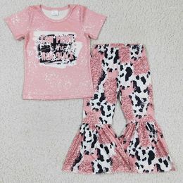 Ensembles de vêtements Enfant Western Outfit Bébé Fille Manches courtes Rose Tee-shirt Vache Imprimer Bell Bottom Pantalon En Gros Enfants Enfants Ensemble Vêtements