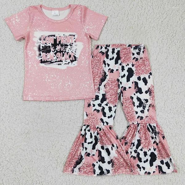Conjuntos de ropa Traje occidental para niños pequeños Bebé niña Mangas cortas Camiseta rosa Estampado de vaca Pantalones inferiores de campana Venta al por mayor Niños Conjunto de ropa para niños