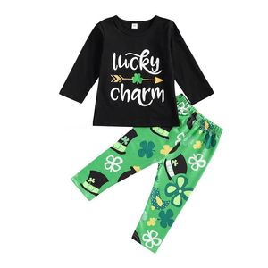 Kledingsets Toddlers St. Patrick's Day Outfit Little Girls Boys Round Collar Long Sleeve Letter Top Leaf Printing Trousers Kit 1-6t