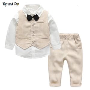 Ensembles de vêtements Top et mode automne infantile ensemble enfants bébé garçon costume gentleman mariage gilet formel cravate chemise pantalon 4pcs vêtements 230927