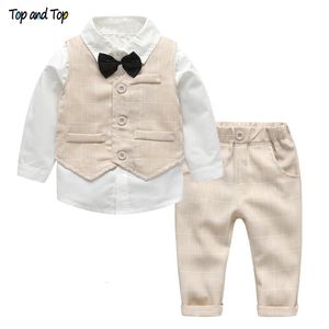 Conjuntos de ropa Top y moda otoño infantil conjunto niños bebé niño traje Caballero boda Formal chaleco corbata camisa pantalón 4 Uds ropa 230506