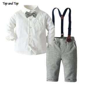 Ensembles de vêtements Top et mode enfants garçon gentleman costume à manches longues chemise blanche noeud papillon + salopette 2pcs vêtements tenues smoking 230927