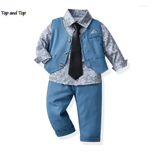Kledingsets Top en mode kinderjongens herenset met lange mouwen, bloemenstrik, overhemden, vestbroeken, formeel pak voor peuterjongens