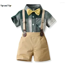 Kleding sets top- en zomer peuter kinderen jongens heren met korte mouw plaid bowtie shirts tops shorers shorts shorts outfits