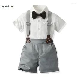 Kleding Sets Top en Toddler Boys Gentleman Korte Mouw Bowtie Shirt Suspenders Shorts Shorts Chidlren Formele pakken Outfits