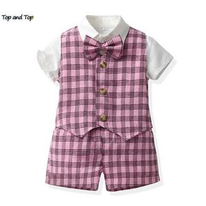 Kleding Sets Top en Top Fashion Little Boys Gentleman Clothing Sets korte mouw bowtie shirtsplaid vestshorts 3 stks pak voor trouwfeest w230210