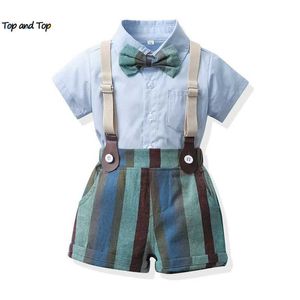 Kleding Sets Top Summer Fashion Boy kleding Set met korte mouwen Bow Gentleman Shirt+Suspension Short Mouwved Toddler Boy 2pc Set D240514