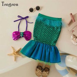 Kleding Sets Trigren 0-3-jarige babyzwempak Schattige shell Pearl Suspender Bikini Top Sheer Patchwork Mermaid Tail 2 stuks Swimsuitl2405