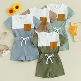 Ensembles de vêtements Tregren enfant en bas âge bébé garçons tenues d'été couleur contrastée tricot côtelé t-shirts à manches courtes et shorts ensemble vêtements pour bébés nés
