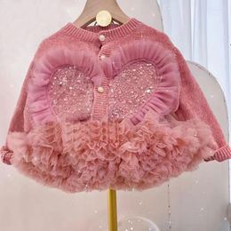 Kledingsets Set van twee stuks Zoete roze gebreide trui voor meisjes Lente en herfst Liefde gesplitst kanten vest Kinderkleding Jongens