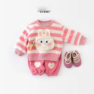 Conjuntos de ropa dos piezas Baby Girl Girls Spring Hoodies Patrón de manga larga Camisa Rayas de rayas Pantalones holgados de color rosa suave 2024