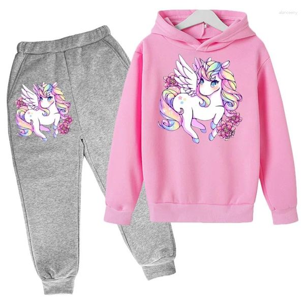 Conjuntos de ropa Unicornio Rosa para niñas Traje con capucha Algodón Top Pantalón 2P Movimiento Primavera Otoño Mantener caliente Niños Niños Ropa