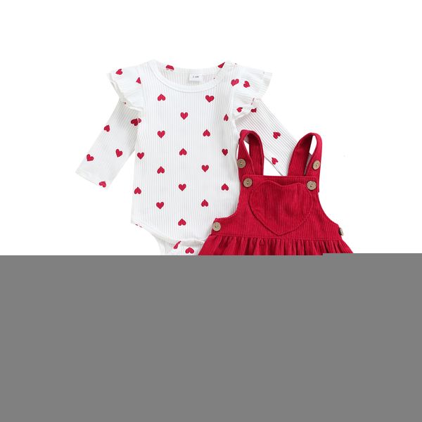 Conjuntos de ropa Valentine Infant Baby Girls Traje de dos piezas Patrón de corazón Volante Manga larga Cuello redondo Mameluco Falda de tirantes 230202